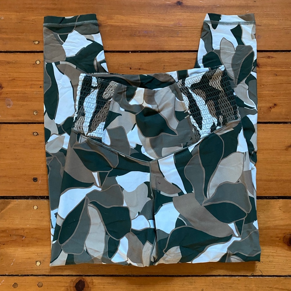 aerie High-Waist Leggings in Green, White, Brown Camo Leaf Print